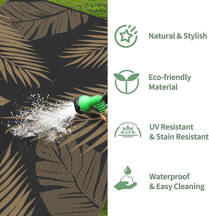 GENIMO Outdoor Rug 5' x 8' Waterproof for Patios Clearance, Reversible Outdoor Plastic Straw Camping Rug Carpet, Large Area Rugs Mats for RV, Picnic, Backyard, Deck, Balcony, Porch, Beach, Black&Brown