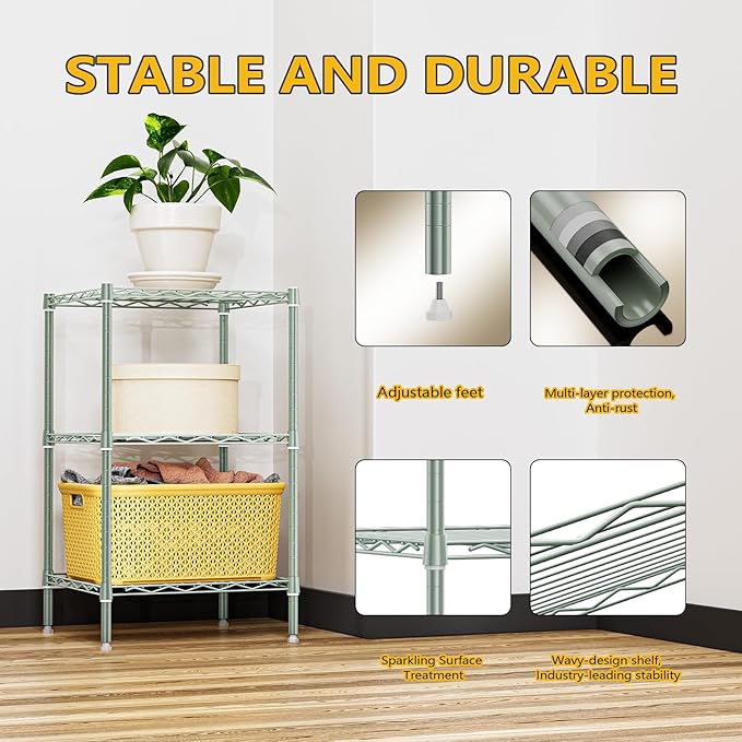 750 lbs 3-Shelf Storage Shelves Wire Shelving Unit Standing Metal Rack for Small Places Narrow Wire Rack for Bathroom, Green 13.8 D x 13.8" W x 25.5" H