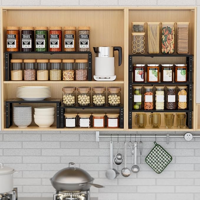 Expandable Spice Rack Kitchen Cabinet Shelf Organizer, Stackable Storage Shelves Racks, Adjustable Counter Shelving for Cabinets, Countertop, Cupboard,Pantry and More(1Pack/Black/Medium)