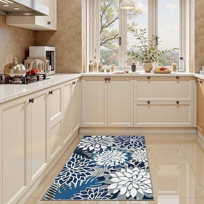 Area Rug 2x3 Blue White Washable Entry Small Rug Multicolored Tropical Botanical Modern Floral Indoor Kitchen Door Mat Entrance Carpet Non Slip for Bedroom Living Room, Porch