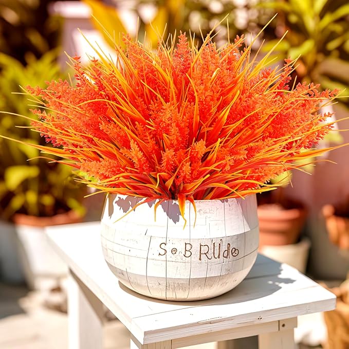 Geegoods 24 Bundles Artificial Fall Flowers Outdoor – Faux Lavender Flowers with Monkey Grass UV Resistant Plastic Faux Plants for Garden Porch Patio Home Decor, Autumn Color