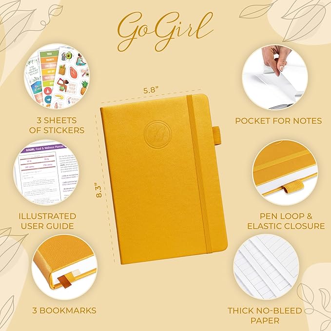 GoGirl Food Journal & Wellness Planner –– Diet & Fitness Diary – Nutrition Journal with Meal, Exercise & Weigh Loss Tracker, A5 (Amber Yellow)