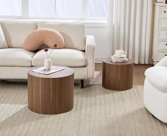 CIMOTA Round Wood Nesting Coffee Table Set of 2, Modern Circle Travertine End Side Table Sets for Living Room, Walnut Wooden Color/No Assembling