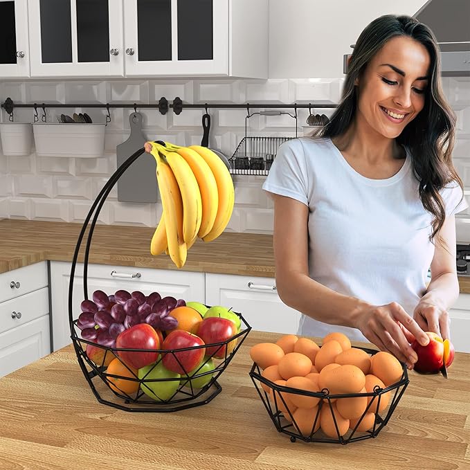 Fruit Basket with Banana Hanger and Fruit Bowl. Kitchen Counter Fruit Bowl with Banana Holder used as Bread, Vegetable or Produce Basket, Egg Holder, 2 Tier
