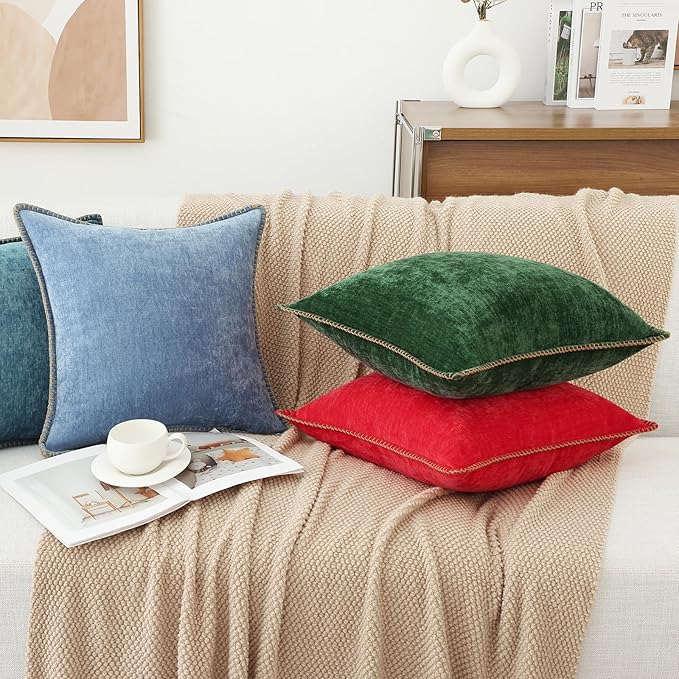 decorUhome Chenille Soft Throw Pillow Covers 18x18 Set of 2, Farmhouse Velvet Neutral Decorative Euro Pillow Covers with Stitched Edge for Couch Sofa Bed Home Decor, Red