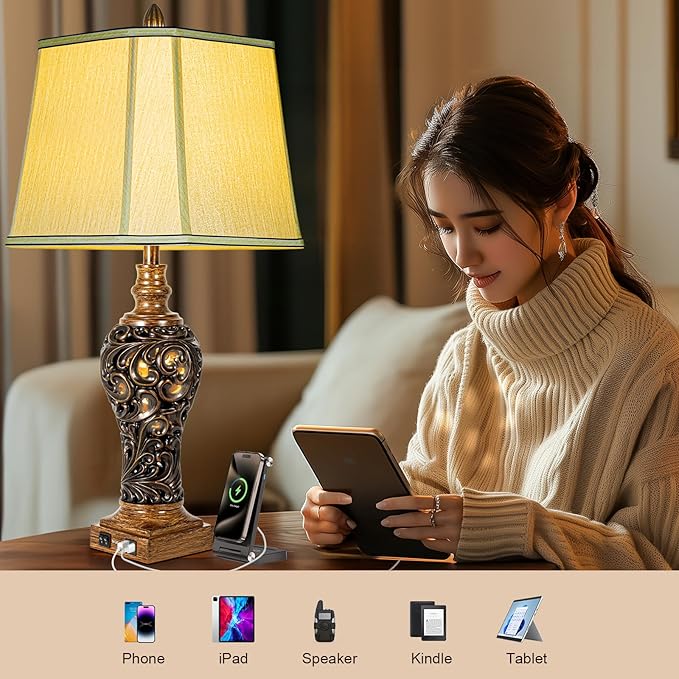 32'' Tall Rustic Vintage Table Lamps Set of 2 with Night Lights - Bedside Lamp with Faux Silk Shades for Bedroom and Living Room with 2 USB Charging Ports,Rustic Lamps for Living Room(Bulb Included)