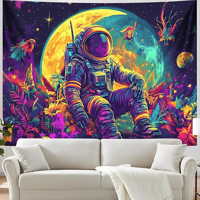 BVBOX Astronaut Space Blacklight Tapestry 79"x59", UV Reactive Astronaut Moon Garden Flower Universe Galaxy Planet Glow in Dark Tapestries, Black Light Neon Upright Poster Wall Hanging Backdrop Decor for Bedroom Living Room