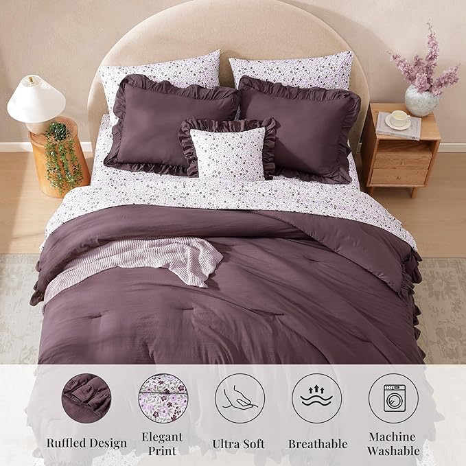 Full Comforter Set - 7 Pieces Ruffle Purple Bedding Sets, Shabby Chic Farmhouse Bed in a Bag Full with Ruffle Comforter, Floral Sheets, Pillowcases & Shams