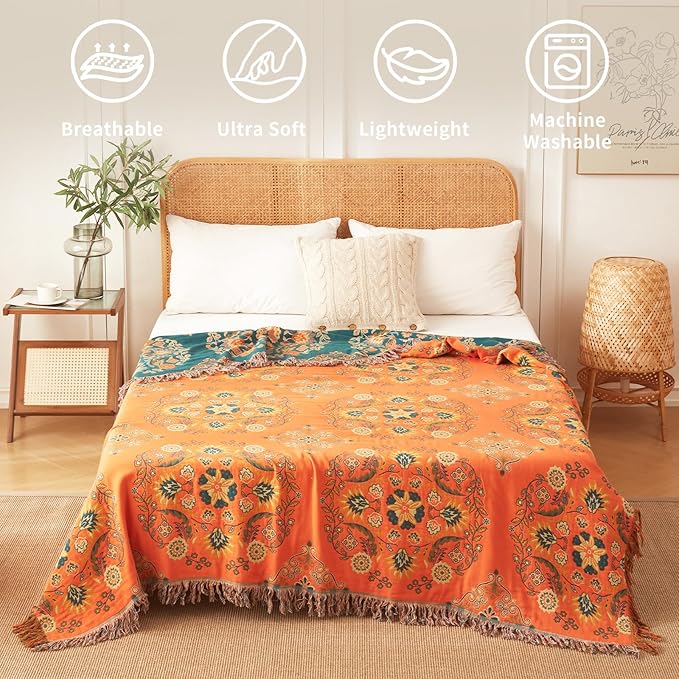 Colorful Throw Blanket Ultra Soft Cotton Orange Decorative Throw All Season Rustic Reversible Bohemian Throw Quilt Farmhouse Decoration(60"x80",04-Garland)