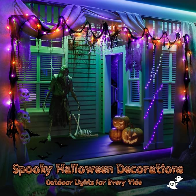 Halloween Horror Atmosphere Lights, Orange&Purple LED String Lights with 9.9FT Creepy Black Gauze, Battery Powered with Timer & 8 Flashing Modes (2 Pack Orange & Purple)