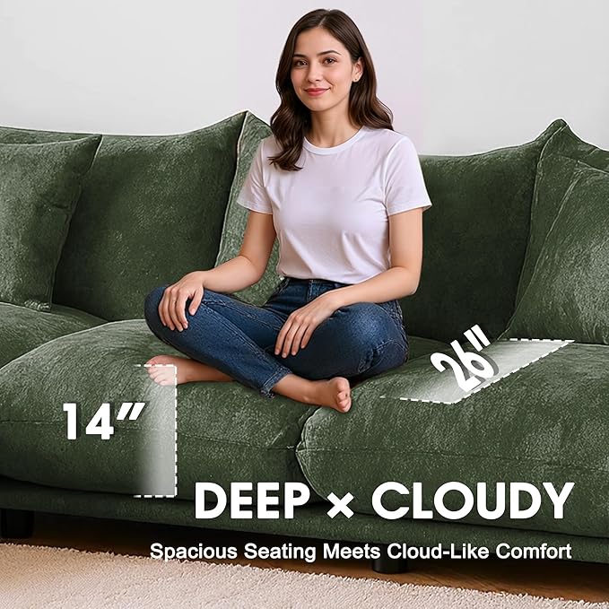 Modern Minimalist Chenille Modular Sectional Sofa, Oversized Deep-Seat U-Shaped Couch with Movable Ottoman, Thick Cushions, Upholstered Sofa for Living Room, Bedroom, Office, Apartment Green 1 Ottoman