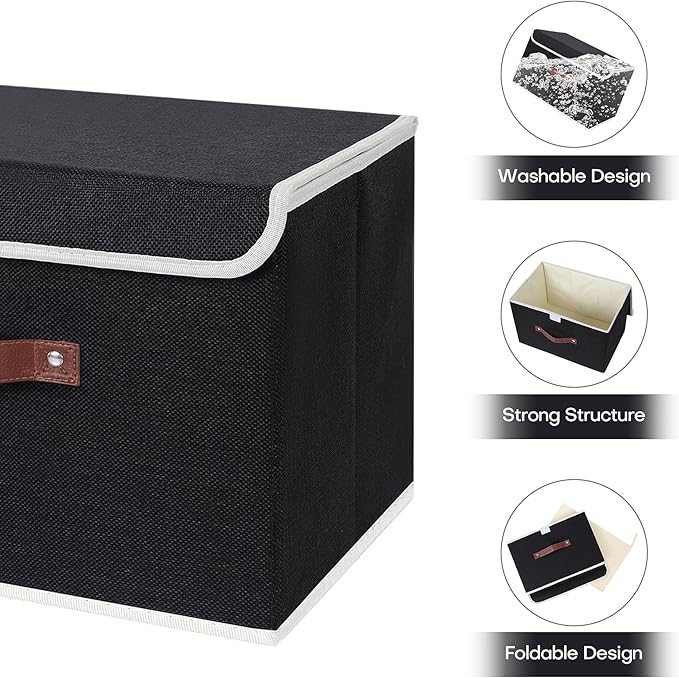 ANMINY Storage Bin with Lid Storage Boxes with PU Leather Handles PP Plastic Board Decorative Foldable Lidded Cotton Linen Fabric Home Cubes Baskets Closet Organizer Container - Black, Large Size