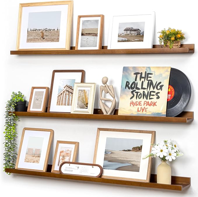 Picture Ledge Wall Shelves 48 Inches Width Set of 3, Solid Pine Wood Rustic Floating Ledge for Kids' Room Bedroom Kitchen Bathroom, Long Floating Shelves for Wall Decor, Walnut