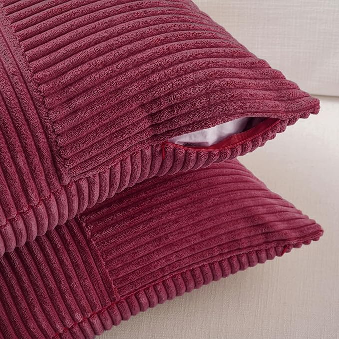 Fancy Homi 2 Packs Burgundy Lumbar Decorative Throw Pillow Covers 12x20 Inch for Living Room Couch Bed, Farmhouse Boho Home Decor, Soft Striped Corduroy Rectangle Accent Cushion Case 30x50 cm
