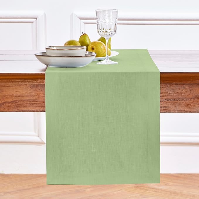 Solino Home Linen Table Runner 120 Inches Long - 100% Pure Linen Laurel Green Dining Table Runner 14 x 120 Inch for Fall, Autumn, Thanksgiving - Fete