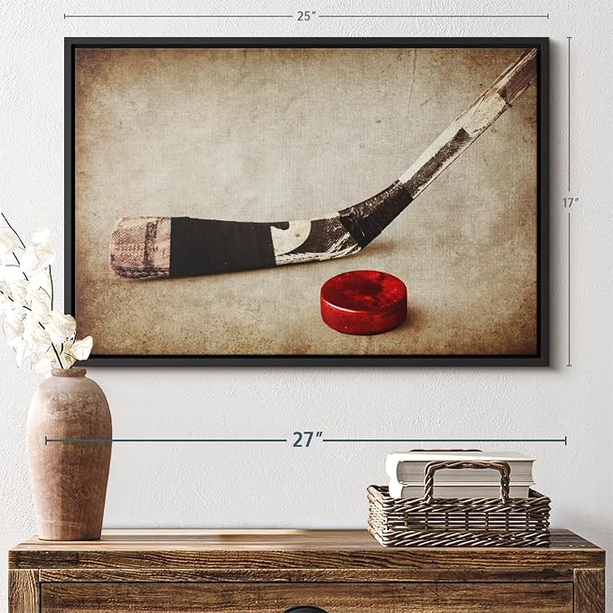 Elephant Stock Vintage Ice Hockey Wall Art - Horizontal Framed Canvas - 1-Piece Hallway Wall Decor - Photography Sports Canvas Print - Brown and Beige Decor for Wall - 25" X 17"
