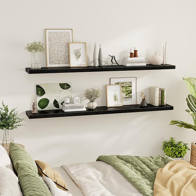 Fun Memories 72 Inch Floating Shelves for Wall 2 Pack Shelves for Bedroom|Kitchen|Bathroom 72 x 9.3 Inch Wood Floating Shelf with Invisible Brackets for Books|Storage|Decor, Black