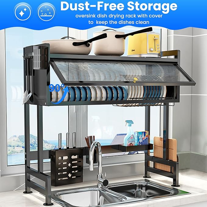 Dish Drying Rack, 3-Tier Over Sink Dish Drying Rack, 33.5" Over Sink Dish Rack for Small Kitchen, Space-Saving Dish Rack with Cover, Baskets, Utensil, Large Sink Storage Organizer Black