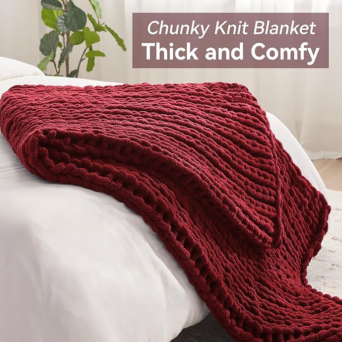 Chunky Knit Throw Blanket, 40''*50'' Knitted Throw Chenille Yarn for Bed Couch, Handmade Red Crochet Big Thick Blanket, Machine Washable Cute Comfy Blanket for Home Decor
