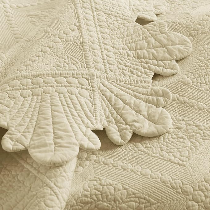 MarCielo 3-Piece 100% Cotton Oversized Bedspread Lightweight Quilt Coverlet Embroidery Farmhouse Bedding Set (Tk Beige Khaki, Oversized King (118"x106"))