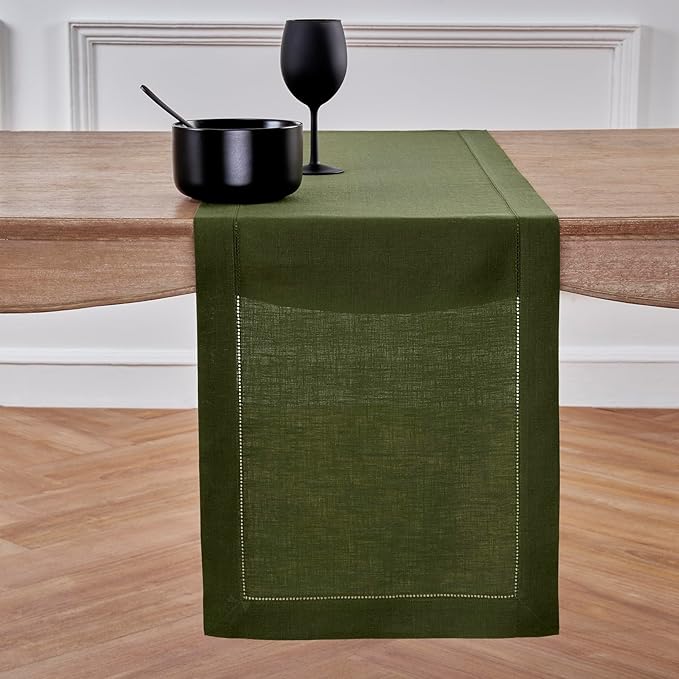 Solino Home Linen Olive Table Runner 144 Inches Long - 100% Pure Linen Extra Long Table Runner 14 x 144 Inch for Fall, Autumn, Thanksgiving - Classic Hemstitch