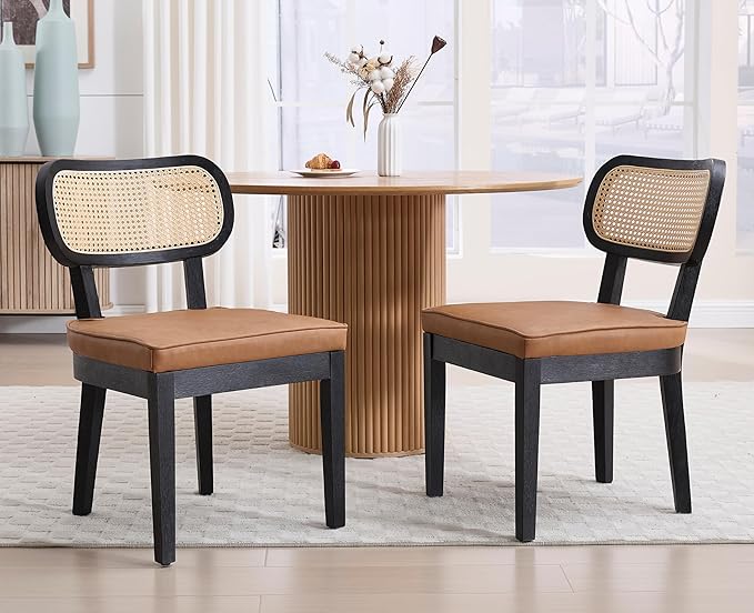 EALSON Mid Century Modern Rattan Dining Chairs Set of 2 Farmhouse Black Wood Kitchen Chairs with Cane Back Leather Upholstered Accent Armless Chairs for Dining/Living Room Restaurant, Brown