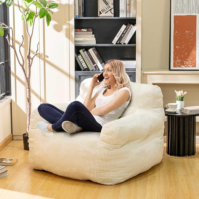 Bean Bag Chair for Adults - Faux Fur, Fluffy and Comfy with Filler, Big Sofa for Reading, Gaming (Beige, Oversize)