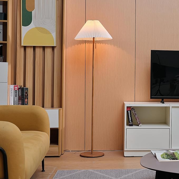 GLOBE Electric 61000053 62" Floor Lamp, Wood-Toned Finish, Pleated Fabric Shade, Pull Chain Switch, Reading Light, E26 Base, Modern Classic Lighting for Living Rooms and Bedrooms