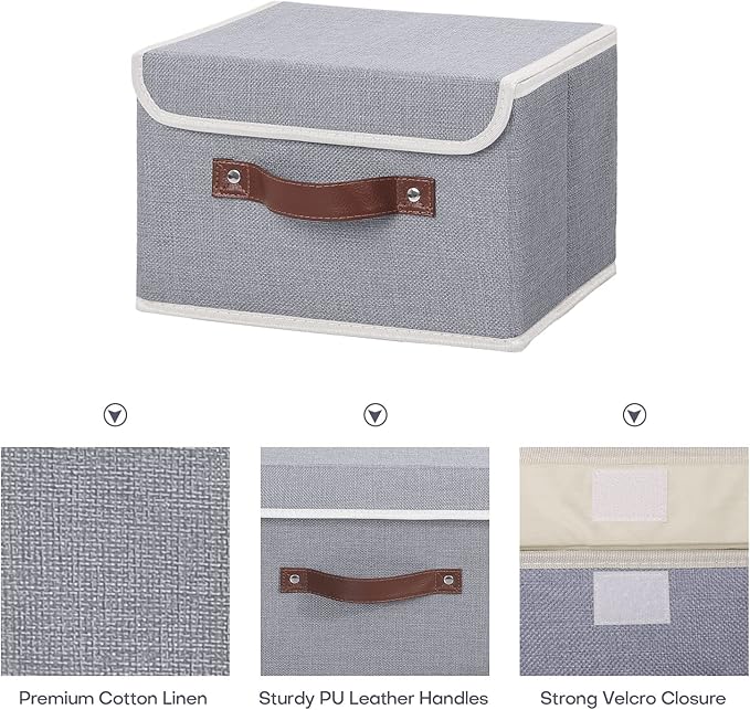 ANMINY 4PCS Storage Bins with Lid PU Leather Handles Storage Boxes PP Plastic Board Decorative Foldable Lidded Cotton Linen Fabric Home Cubes Baskets Closet Organizer Containers - Gray, Small Size