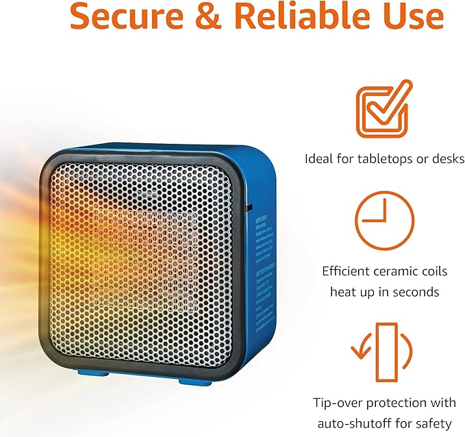 Amazon Basics Ceramic Space Heater, Mini Heater for Office Desk, Portable Tent Heater for Camping (Indoor Use), 500 W, With Tip-Over Protection, Lightweight (1.4 LBS), Blue, 5.9 x 3.2 x 6 inches