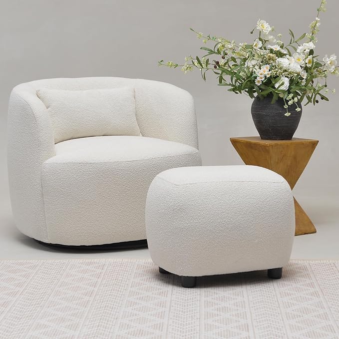 KINWELL 34" Wide 2 Boucle Swivel Barrel Chairs and 2 Ottomans Set, Fully Assembled Sherpa Accent Chairs and Footrest Set, Modern Comfy Armchairs and Footstool for Living Room and Bedroom, Beige