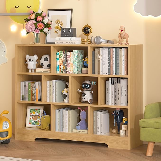 Book Shelf Set of 2, 10 Cubes Storage Organizer, 3-Tier Open Bookshelf Wooden Bookcase, Freestanding Log Bookshelf Cube Shelf for Bedroom, Living Room, Home Office