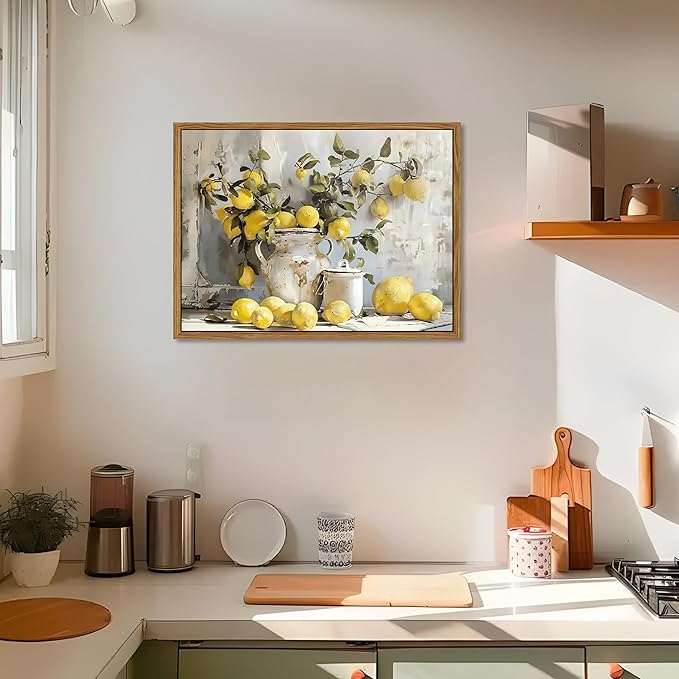 Framed Lemon Kitchen Wall Decor for Dining Room - Vintage Mustard French's Yellow Lemon Kitchen Wall Art, Rustic Oil Paintings Posters Prints for Bathroom Living Room Bedroom 12x16 inch