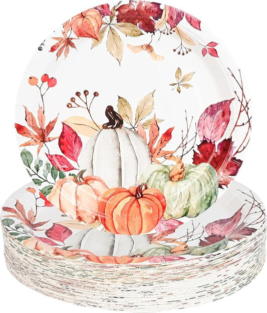 AllReal Fall Pumpkins Paper Plates Rustic Pumpkin Leaves Disposable Party Plate 7" Thanksgiving Autumn Dessert Plate for Birthday Baby Shower Party Supplies Table Decor (48)