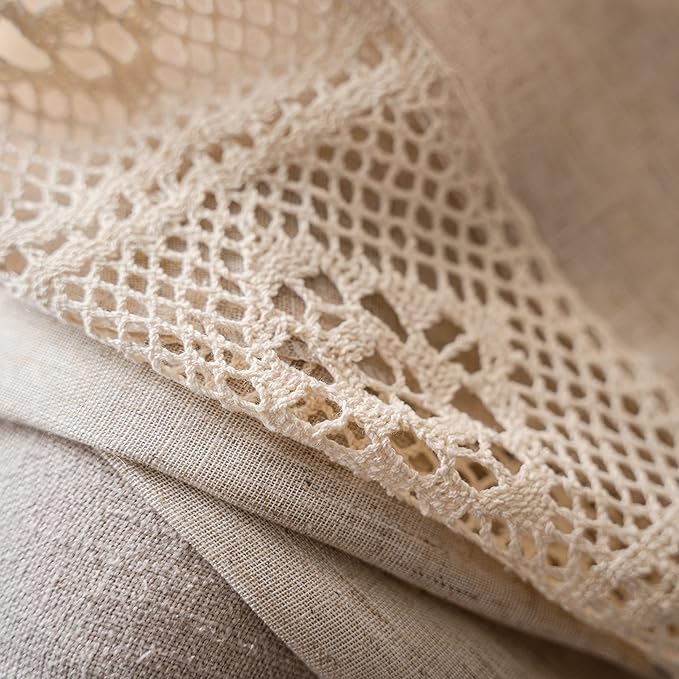 Sutuo Home Boho Linen Curtains for Kitchen Bedroom, Bohemian Semi Sheer Crochet Hollow Lace Patchwork with Textured Fabric Vintage Chic Handmade Tassels Rod Pocket Window Drapes, 59"W x 63"L, 1 Panel