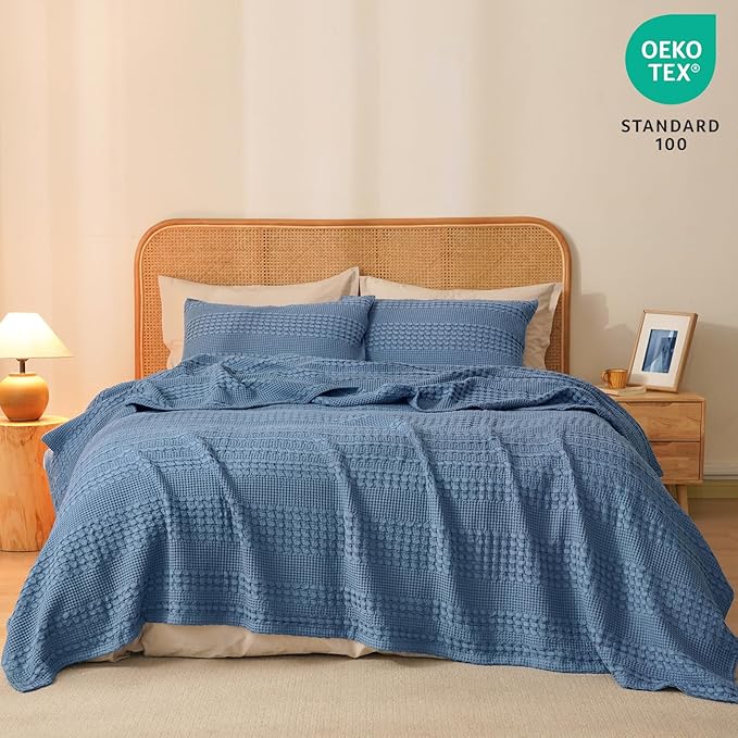 PHF 100% Cotton Waffle Weave Blanket Twin Size, Soft Lightweight Breathable Cozy Summer Blankets for Bed, Luxury Aesthetic Woven Bedding for Home Decor, 66"x90", Captain's Blue