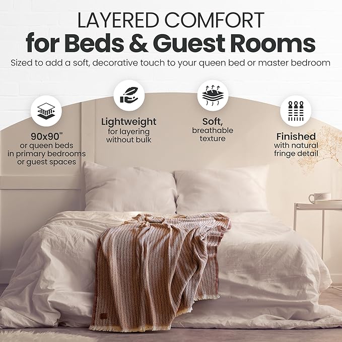 Gold Case Throw Blanket for Bed – 100% Recycled Turkish Cotton Bed Blanket – Decorative Throw Cotton Blankets for Living Room & Bedroom – Elegant Grey Woven Queen Blankets – 90x90