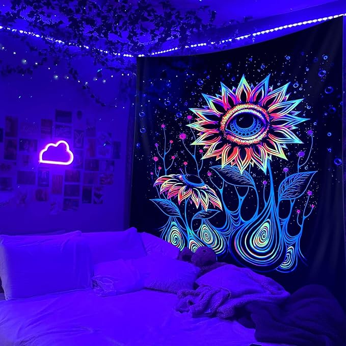 ADDWel Blacklight Sunflower Tapestry, Hippie Eye Tapestry Glow In The Dark, UV Reactive Black Light Upright Posters Wall Hanging for Bedroom Dorm Living Room Backdrop Decor