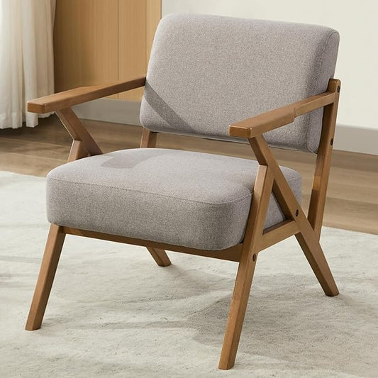 Ergonomic Mid-Century Modern Lounging Armchair | Solid Wood Frame & Plush Thickened Cushion | Versatile Seating for Living Room, Reading Nook & Balcony, Light Grey Linen