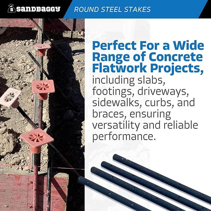 Sandbaggy Round Steel Concrete Form Stakes with Nail Holes - Rust Resistant Coating - Removable, Reusable (200, 3/4 in X 48 in)