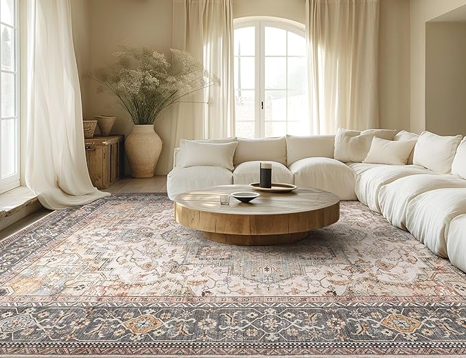 Washable Area Rugs for Living Room -10x13 Neutral Vintage Distressed Floral Farmhouse Boho Large Soft Floor Rug Indoor Non Slip Carpet for Living Room Bedroom Dining Room Office - Forest Green Orange