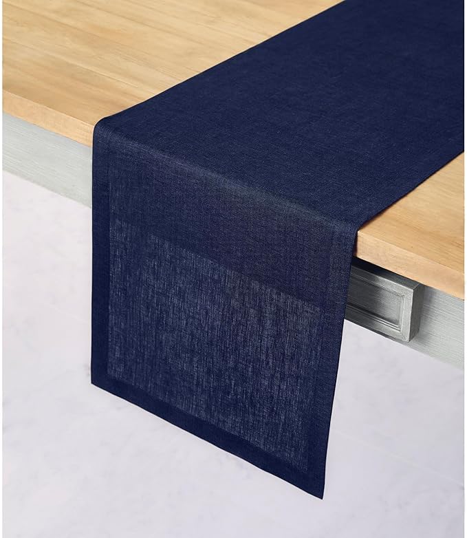Solino Home Linen Navy Table Runner 36 Inches - 100% Pure Linen Small Table Runner 14 x 36 Inch Ideal for Dresser and Coffee Tables - Fall, Autumn, Thanksgiving - Fete