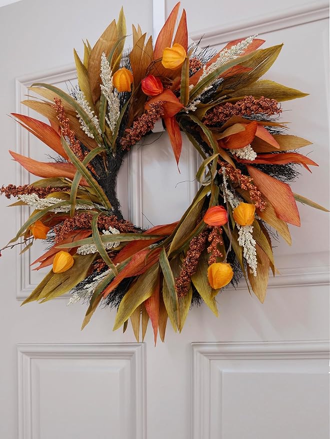 Fall Corn Husk & Berry Door Wreath for Front Door 24 Inch, Festive & Rustic Farmhouse Autumn Harvest Wreath, Fall Decor for Home Door Wall Porch Window, Orange/Yellow/Brown