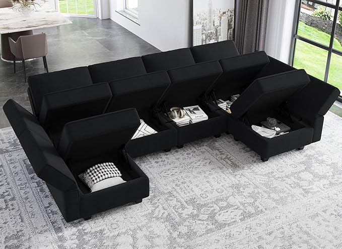 Belffin Modular Reversible Sectional Sofa U Shaped Couch with Storage Seat with Chaise Velvet Black