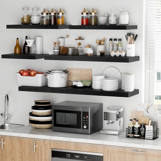 Fun Memories Floating Shelves - 2 Pack 12 Inch Deep Rustic Wooden Wall Shelves - Extra Deeper & Thicker Wall Mounted Storage Shelf for Kitchen, Farmhouse - 16" W x 12" D x 1.5" H - Rustic Black