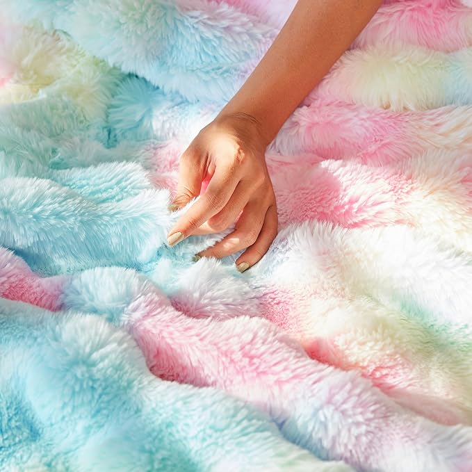 RYNGHIPY Faux Fur Throw Blanket Tie Dye Colorful Rainbow Blanket for Couch Plush Fluffy Faux Rabbit Fur Decoration Blanket for Sofa Chair Bed (Rainbow, 51''x63'')