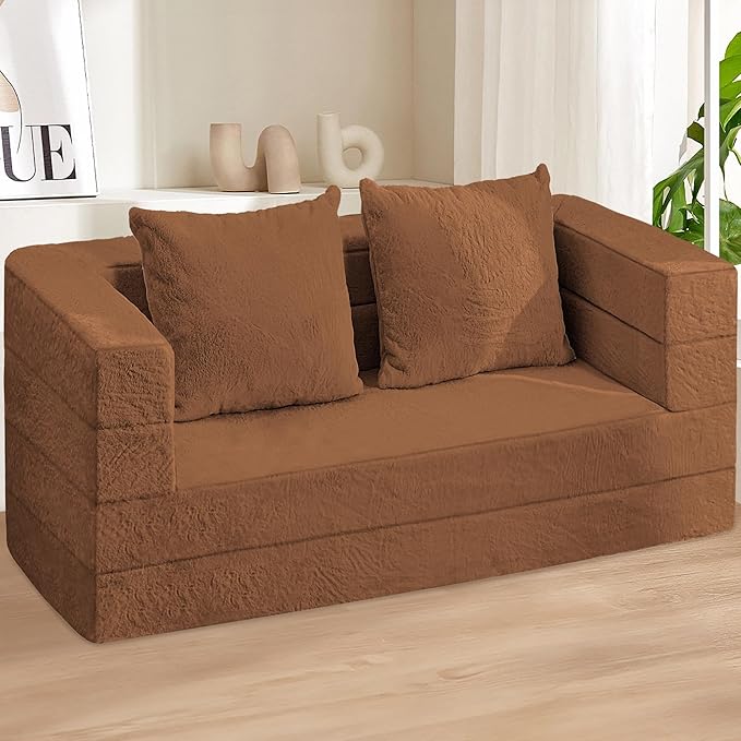 Folding Bean Bag Chair for Adults,3-in-1 Bean Bag Couch Faux Fur Floor Sofa Large Beanbag Convertible Bean Bag Sofa Bed with Pillow in Bedroom,Living Room,Apartment(Queen,Caramel)