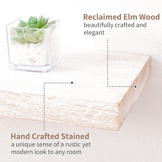 Axeman Floating Shelves for Wall, 24''W x 8''D Rustic Solid Elm Wood Wall Shelves for Storage, Wall Mounted Display Shelving with Invisible Heavy-Duty Metal Bracket (White Wash, 2PCs)