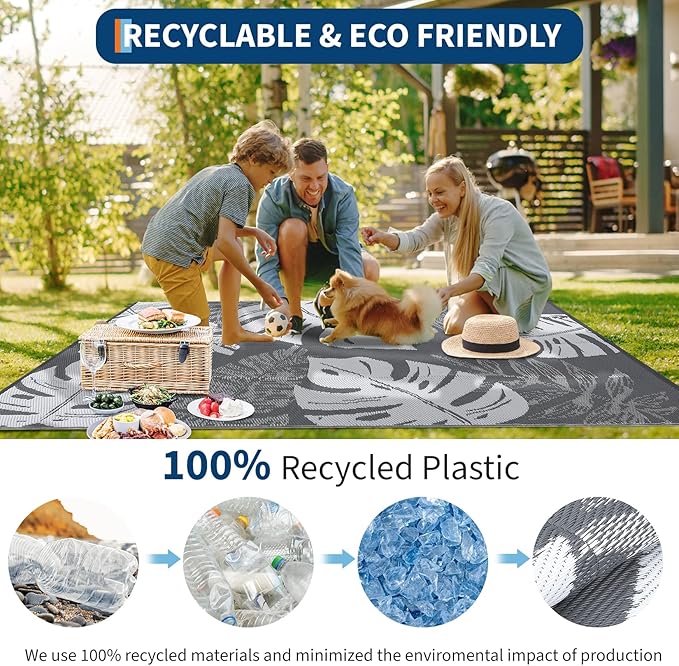 GAOMON Outdoor Rug 9x18 Waterproof Patio Rugs Reversible Outdoor Plastic Straw Rug Camping Mat, Foldable Portable RV Picnic Carpet with Bag & 4 Stakes, UV Resistant Carpet for Deck Balcony, Grey