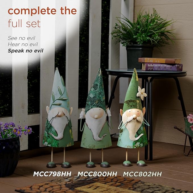 Alpine Corporation - 18" Tall Outdoor Garden Gnome Yard Decoration - Metal Statue with Speak No Evil Expression - Durable, Weatherproof Lawn Sculpture for Patio, Deck, Yard